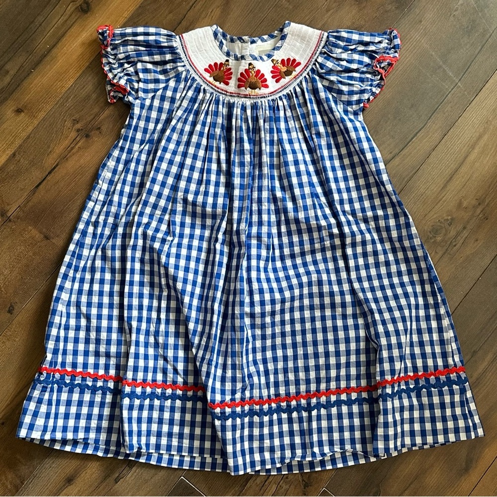 Lil Cactus | Girl Blue Check Turkey Smocked Dress | 4T - Picture 3 of 10